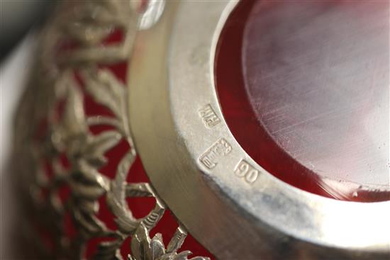 A set of six late 19th/early 20th century Chinese Export silver finger bowls by Wang Hing & Co, Hong Kong, with ruby glass liners,